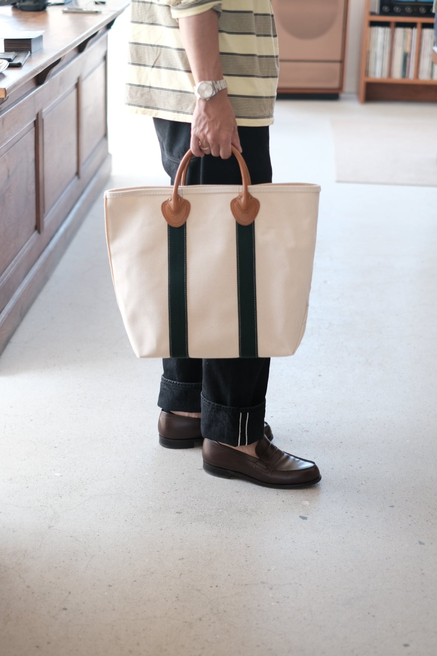 LEATHER HANDLE TOTE 80's / GREEN / TALL