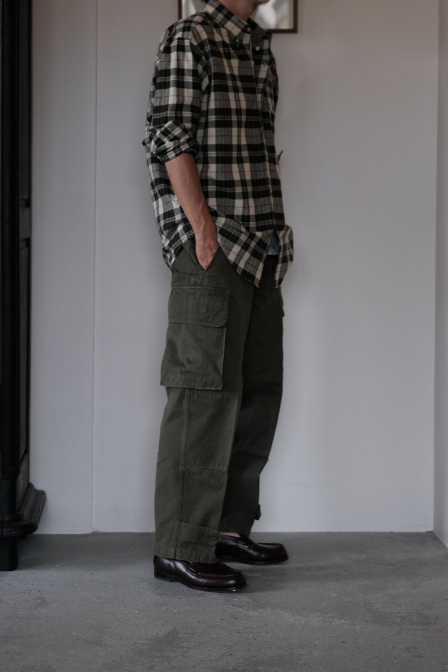 MADRAS B.D. LS SHIRT / ECRU × OLIVE