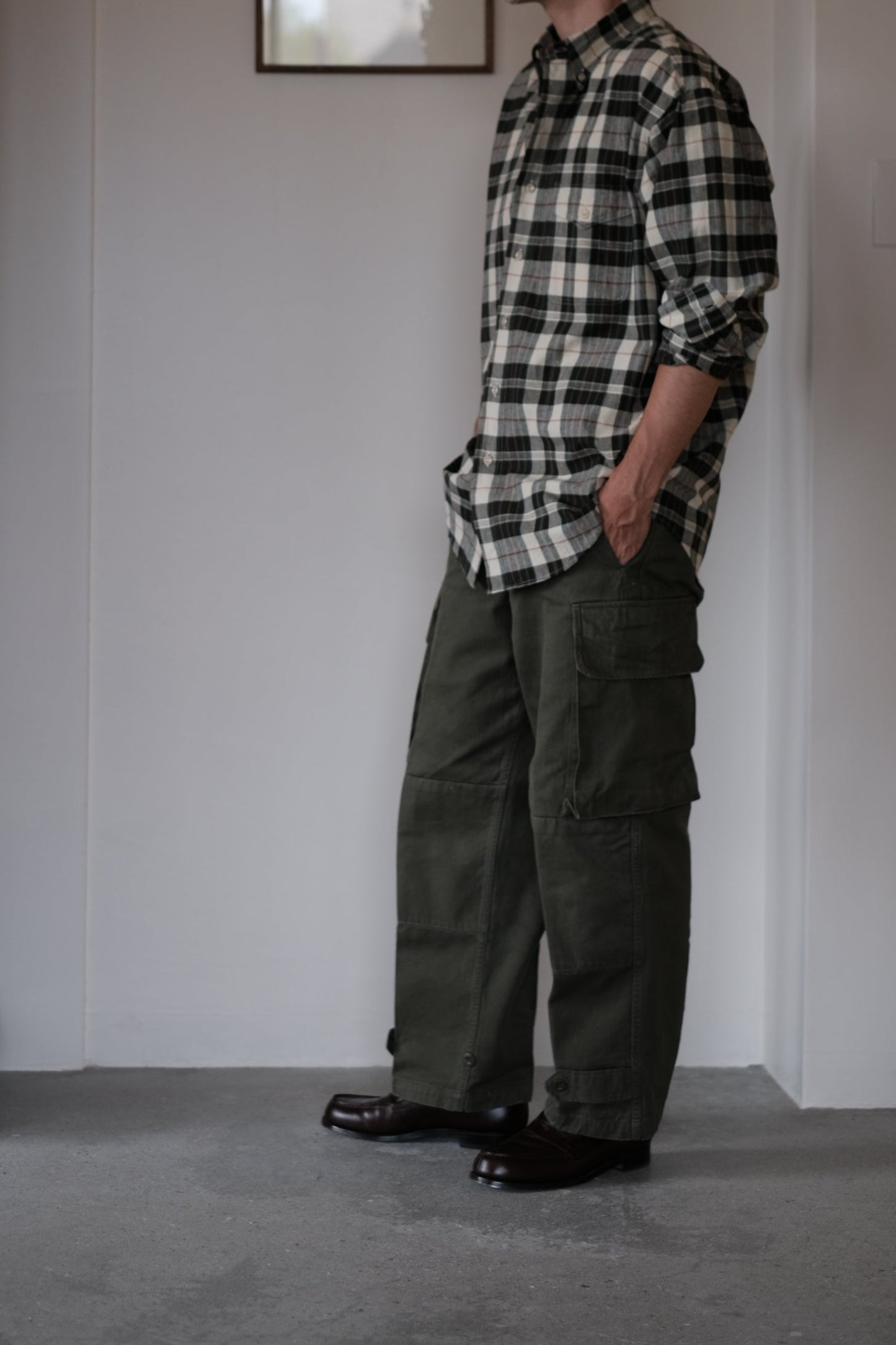 MADRAS B.D. LS SHIRT / ECRU × OLIVE
